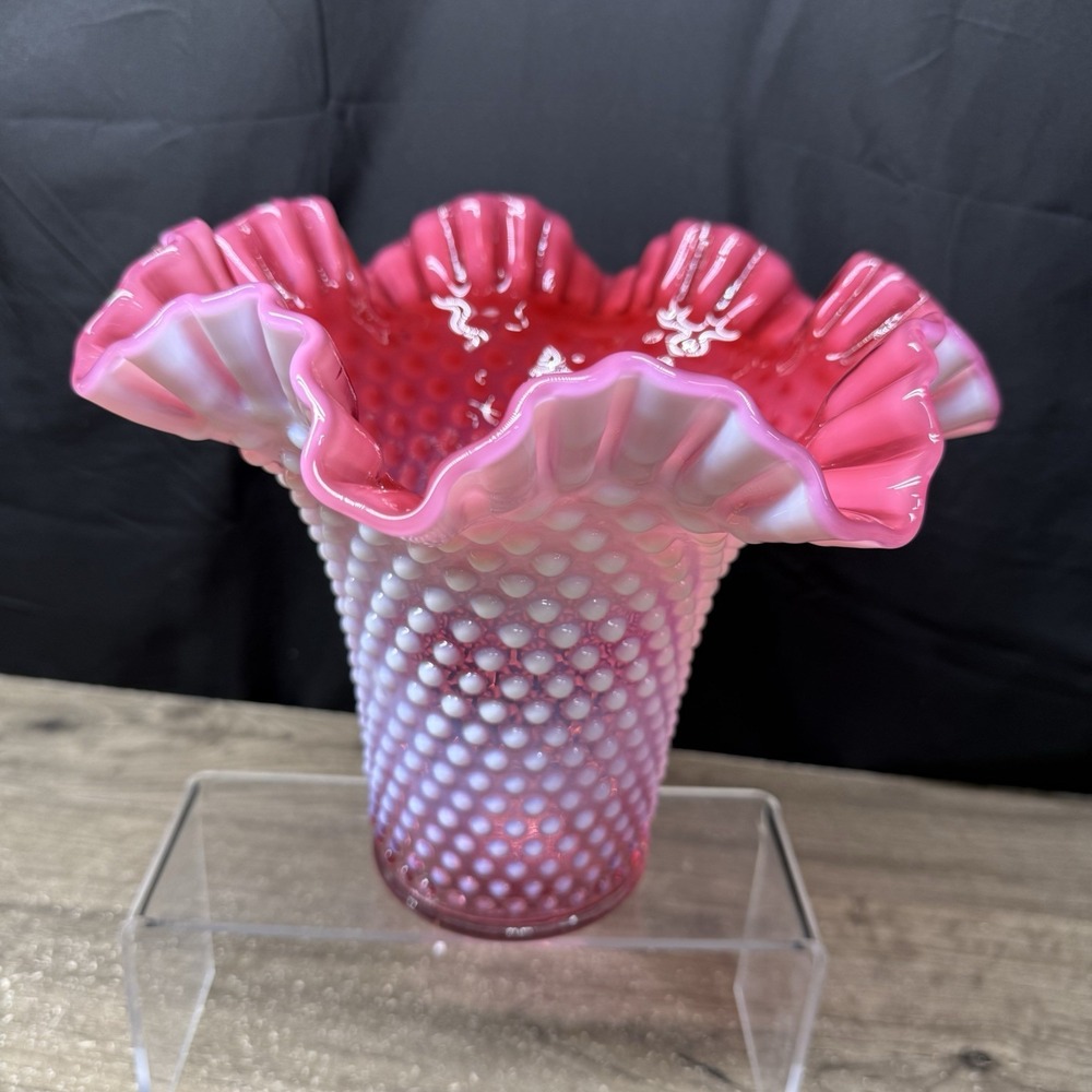 Vintage Fenton 8" Cranberry Pink Opalescent Hobnail Ruffled Art Glass Vase